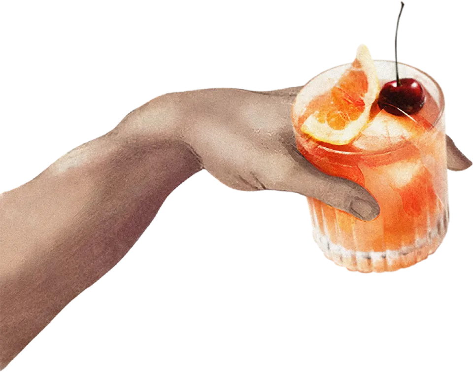 Hand entering from the left of the screen holding a cocktail