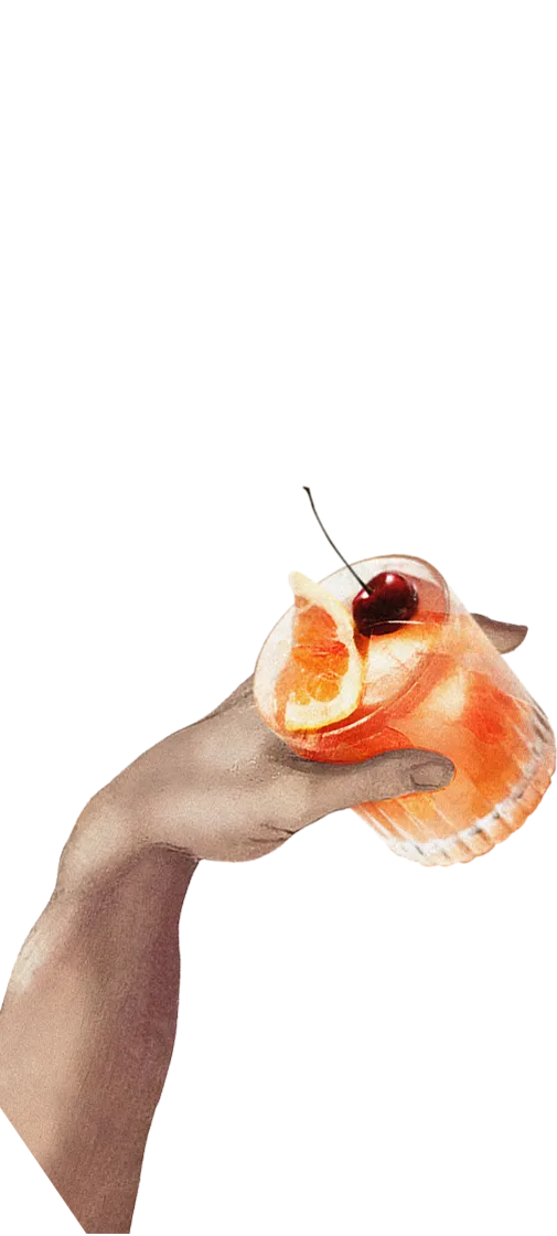Hand entering from the left of the screen holding a cocktail